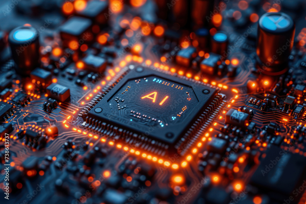 Aufkleber Computer Processor Microchip with AI Sign on a Glowing Circuit Board extreme closeup. Generative AI