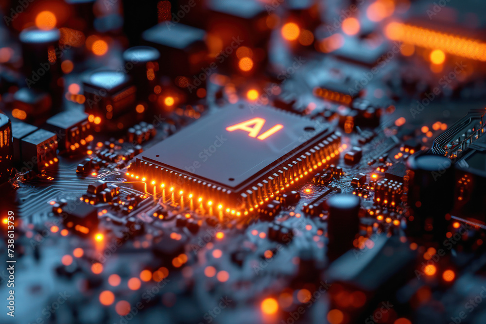 Aufkleber Computer Processor Microchip with AI Sign on a Glowing Circuit Board extreme closeup. Generative AI