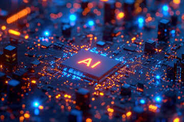 Computer Processor Microchip with AI Sign on a Glowing Circuit Board extreme closeup. Generative AI