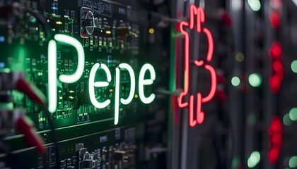 Pepe crypto neon sign bitcoin symbol 