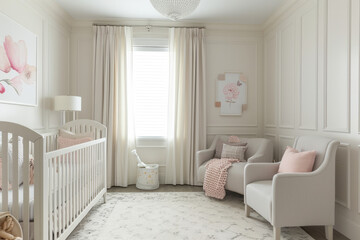 Fototapeta premium A Babys Room With a Crib, Chair, and Window