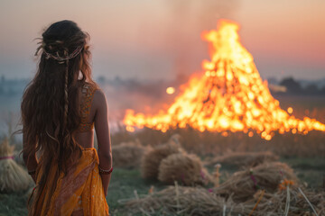 Fototapeta premium Happy Holika Dahan Concept. Beautiful Woman as Mythological Holika During Holika Dahan Festival India extreme closeup. Generative AI
