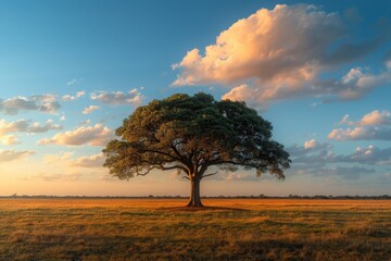 A solitary tree in a vast savannah under a dramatic sky, symbolizing solitude in nature - obrazy, fototapety, plakaty
