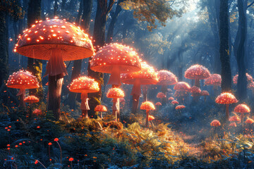 Fototapeta na wymiar Glowing Fairytale Fly Agaric Mushrooms in a Fairytale Forest extreme closeup. Generative AI