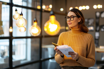 Woman Standing in Front of Window Holding a Piece of Paper