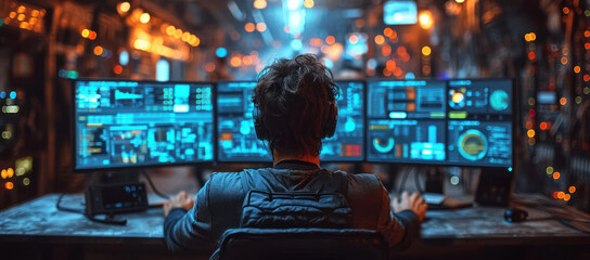 Man is Working on His Computer at Night extreme closeup. Generative AI