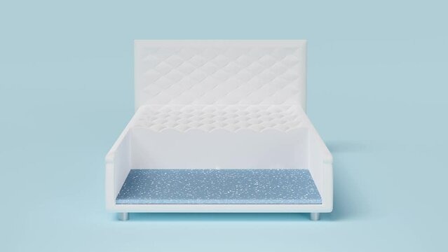 3d layered sheet material mattress with air fabric, pocket springs, natural latex, memory foam isolated on blue background. 3d render illustration, alpha channel