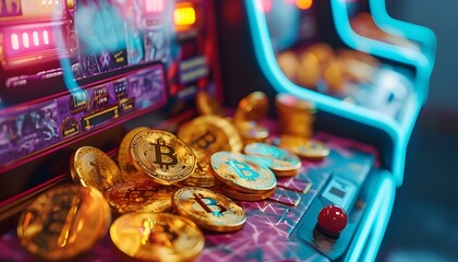 bitcoins on arcade casino game machine jackpot lucky win  - obrazy, fototapety, plakaty