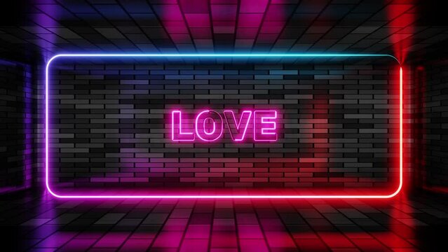 Neon sign love in speech bubble frame on brick wall background 3d render. Light banner on the wall background. Love loop happy valentines day, design template, night neon signboard