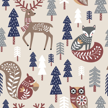 Hand drawn seamless vector pattern with cute Scandinavian woodland animals and pine tree forest. Perfect for textile, wallpaper or print design.