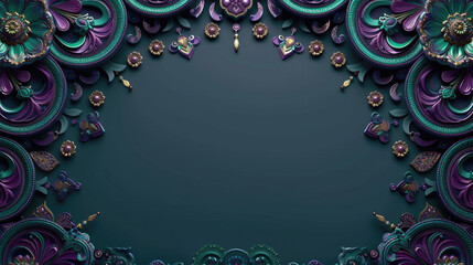 teal green and deep purple 3d mandala border frame wall, luxurious yet modern for any occasion use, ceiling wall interior, podium background wall interior or exterior design