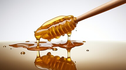 Photo of Honey dripping from a wooden dipper isolated on a white background
