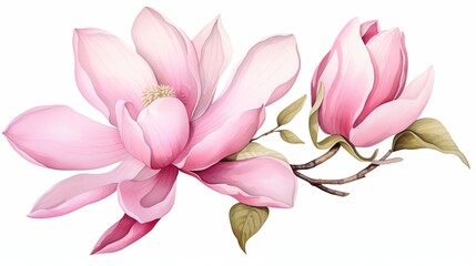 Fototapeta premium Pink Magnolia flower, on a white background transparent petals delicate watercolour technique