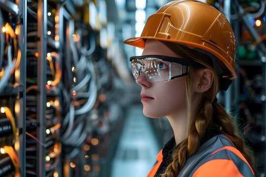 woman wearing safety clothes working in a computer room bitcoin factory servers  