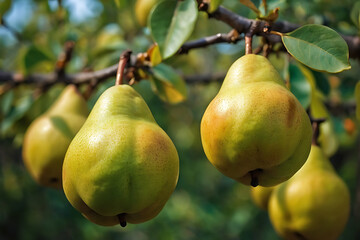 Close up of Pear Hanging on tree.Fresh juicy pears on pear tree branch.Organic pears in natural environment.Crop of pears in summer garden.Beautiful natural pears weigh on a pear tree.Selective Focus.