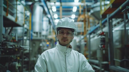 Portrait of a young man in a white protective suit and glasses. Industrial background.