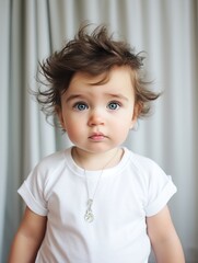 A toddler with a white tshirt and necklace stands in front of a curtain