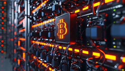 bitcoin money symbol in bitcoin mining background 