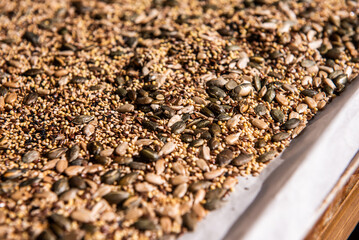 A lot of all kinds of whole grain seeds, to make bread with sourdough starter, sustainable bakery
