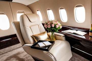 Comfort vip salon private business jet with flowers, diary, wine, eyeglasses on table. Luxury decor of airplane interior, at highest. Quality service in aviation industry concept. Copy ad text space