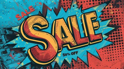 Comic lettering: 50 percent off promotion SALE in the speech bubble comic style