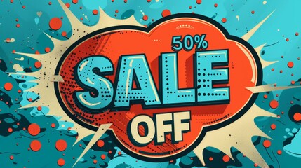 Comic lettering: 50 percent off promotion SALE in the speech bubble comic style