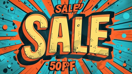 Comic lettering: 50 percent off promotion SALE in the speech bubble comic style - obrazy, fototapety, plakaty