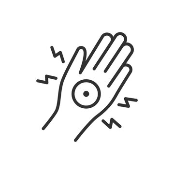 Pain in the palm, linear icon. Trauma, inflammation, contusion. Line with editable stroke