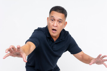 A captivated middle-aged Asian man with an astonished expression, beckoned to reach out with one hand, isolated on a white background.