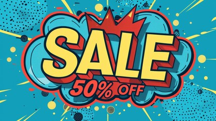 Obraz premium Comic lettering: 50 percent off promotion SALE in the speech bubble comic style