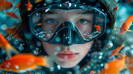 boy in a snorkeling mask dives among the fish - obrazy, fototapety, plakaty