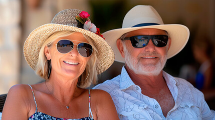 man and woman pensioners in summer hats on vacation