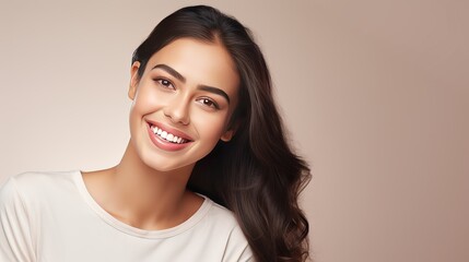 Smiling Model with perfect White Teeth. Beautiful Indian Girl Cheerful Smiling. Beauty Woman with Smooth Skin and Natural Lip Make up over White Background. Female Skincare and Cosmetology
