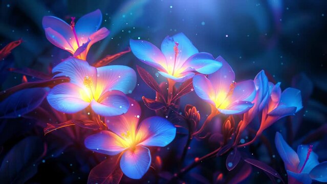 Colorful glowing flowers in the night with orange, purple and blue colors