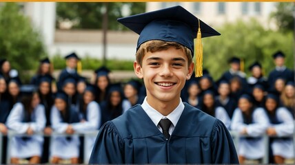 Happy smiling high school boy on graduation outfit on a stage in the school from Generative AI