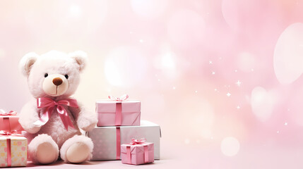 Toy teddy bear sitting on bokeh background