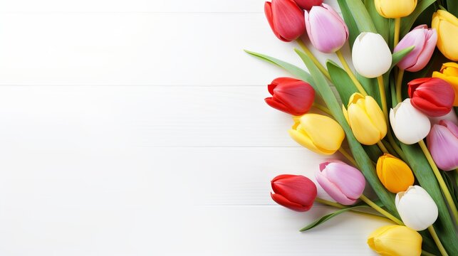 Spring tulips with easter eggs  on white background