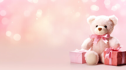 Obraz premium Toy teddy bear sitting on bokeh background