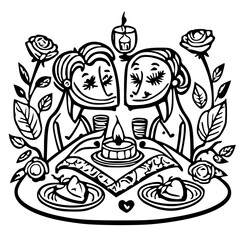 Obraz premium A cute clipart of a romantic candlelit dinner with wine glasses, roses, and a heart-shaped dessert, valentine day, black and white svg 168