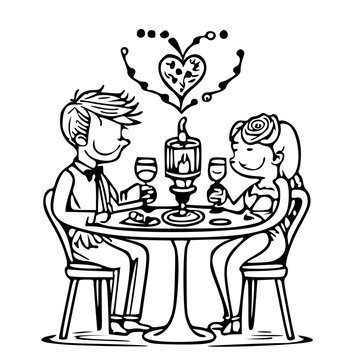 A cute clipart of a romantic candlelit dinner with wine glasses, roses, and a heart-shaped dessert, valentine day, black and white svg 168