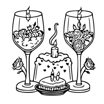 A cute clipart of a romantic candlelit dinner with wine glasses, roses, and a heart-shaped dessert, valentine day, black and white svg 168