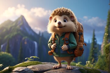 A small, adventurous hedgehog with a backpack, standing at the edge of a forest