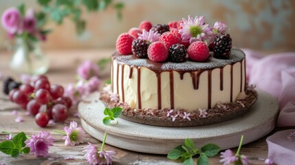 Beautiful cake with berries on table in cafe, close up view