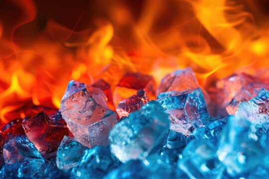 Contrast of ice and flame, cold and warm colors, coldness and warmness. Pieces cubes of ice and fire. Power of nature. battle of the elements. Creative graphic resource for design and advertisement.