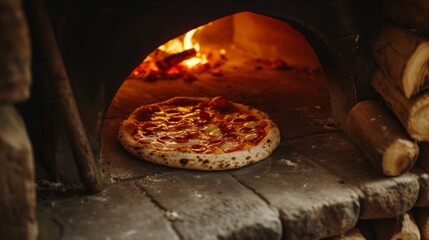 Hot pizza, perfectly baked in a stone oven, conveys the rustic charm and authentic appeal of this traditional cooking method. Highlights the golden, slightly charred crust and the delicious filling.