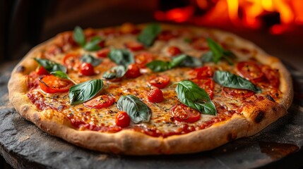 Hot pizza, perfectly baked in a stone oven, conveys the rustic charm and authentic appeal of this traditional cooking method. Highlights the golden, slightly charred crust and the delicious filling.