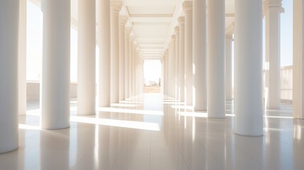 The sunlight shines through columns in a long and white corridor
