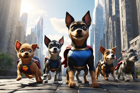 A team of superhero dogs, each with a unique costume and power