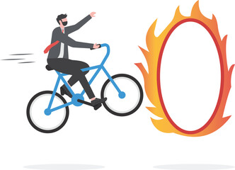 Business challenge, obstacle, risk or danger to overcome to become success, achievement or reward for work effort concept, skillful businessman jump over fiery burning hoops to catch winning trophy.   © vector mall