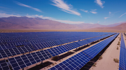 Solar park in desert, infinite energy source, sunny weather, aerial view